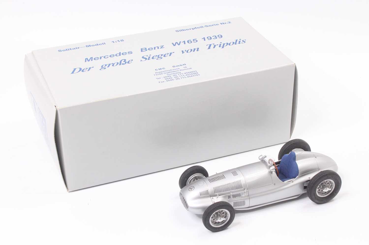 A CMC No. M-018 1/18 scale model of a Mercedes Benz W165 1939 race car finished in silver, housed in