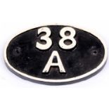A cast iron Colwick shed plate, Number 38A, white on black example, reproduction