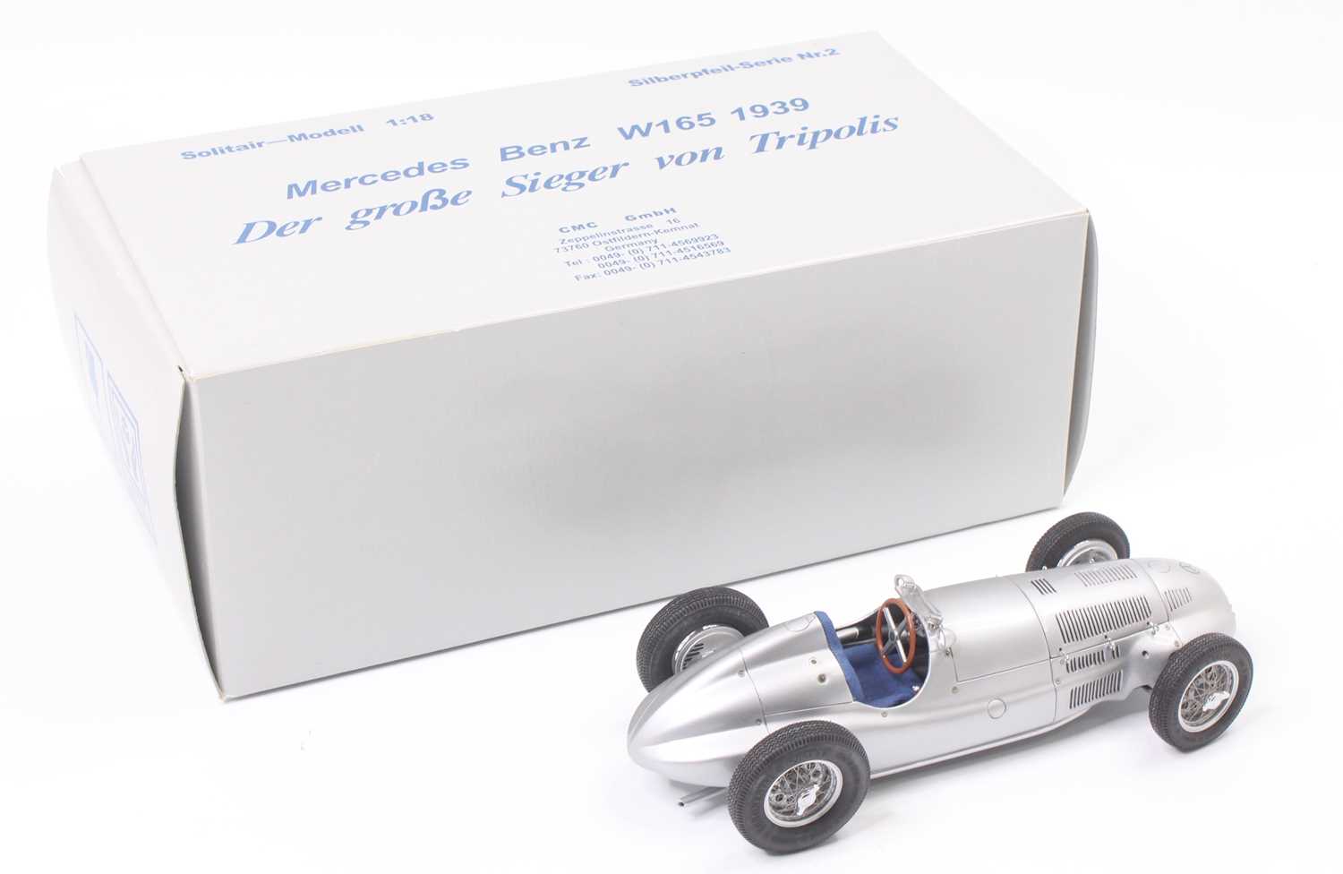 A CMC No. M-018 1/18 scale model of a Mercedes Benz W165 1939 race car finished in silver, housed in - Image 2 of 3