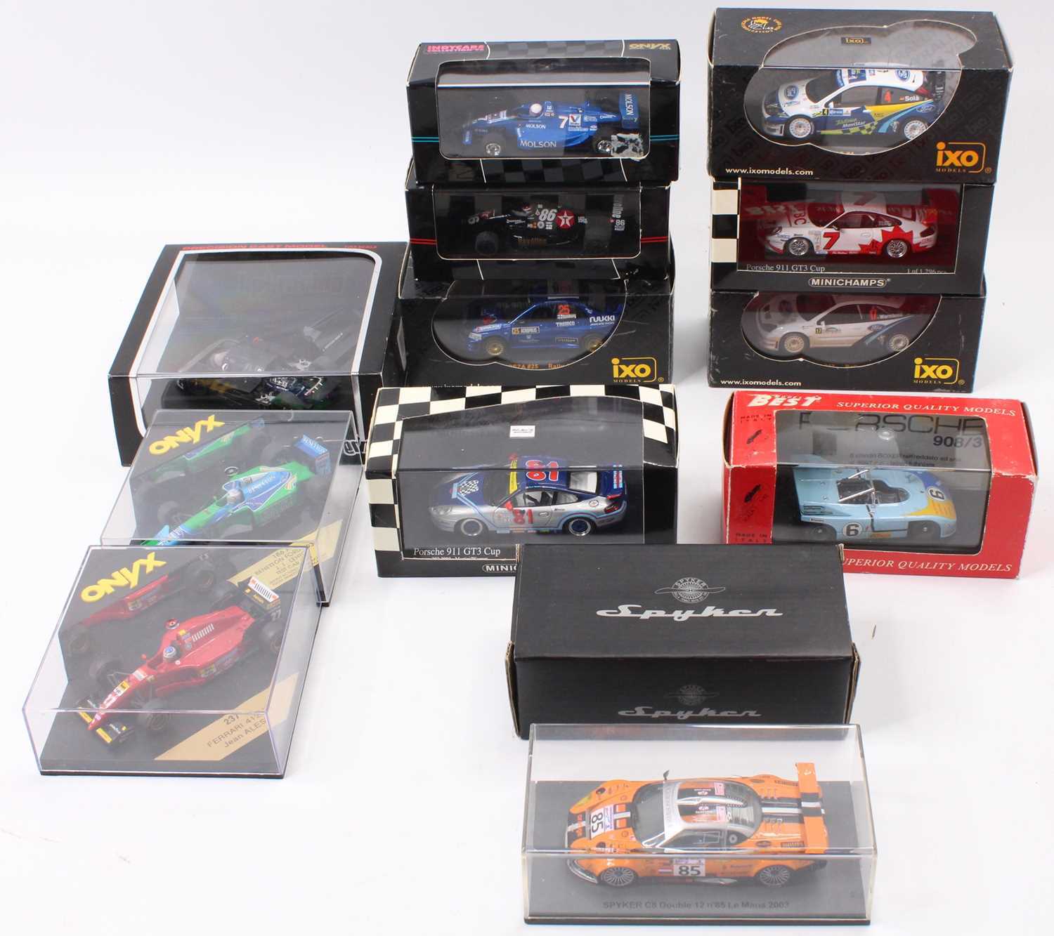 One tray containing a collection of mixed 1/43 scale racing diecasts to include HPI Racing, Onyx,