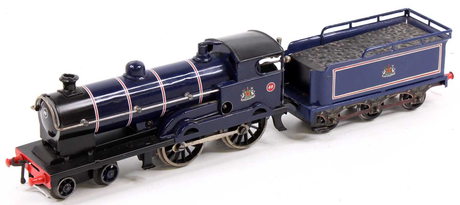 Totally repainted Bassett-Lowke clockwork 4-4-0 ‘George the Fifth’ loco & tender as dark blue