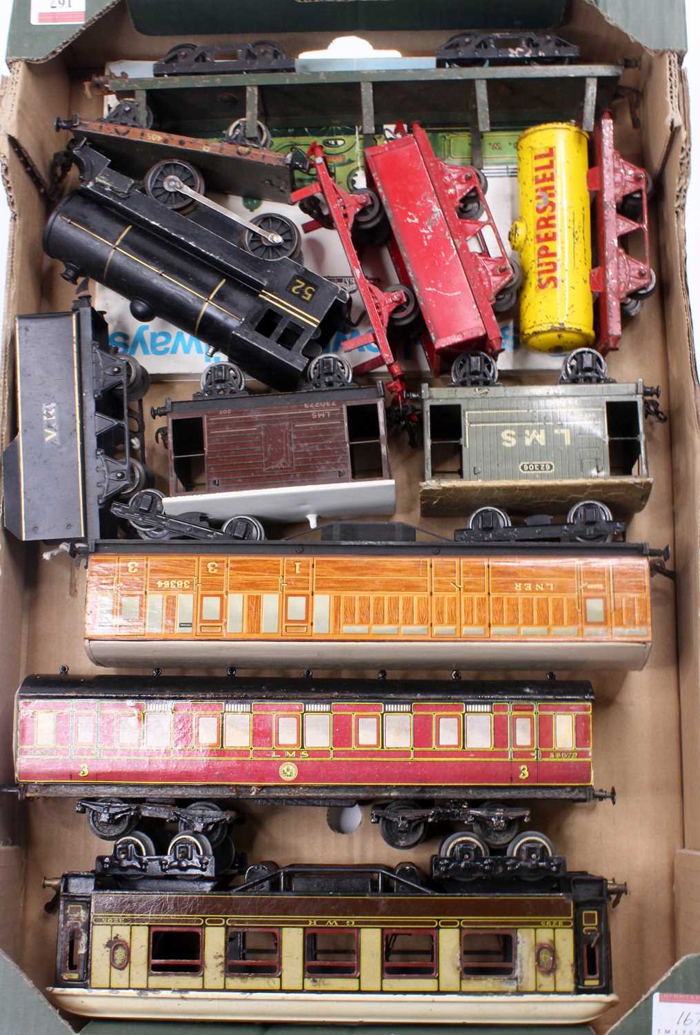 Large tray containing 0-gauge three bogie coaches, 2 B/Lowke goods brake vans; 3 Robilt goods wagons