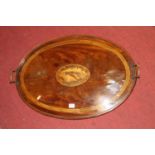 A 19th century mahogany and conch-shell satinwood inlaid oval twin handled serving tray, w.71cm