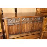 A joined oak linenfold three panelled hinge topped coffer, in the Gothic taste, w.106.5cmWidth