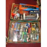 Two boxes containing a quantity of mixed Dinky Toy, Corgi, Vanguards, and other boxed and loose
