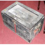 A painted pine hinge topped ammo chest, with rope end carry handles, w.65cm