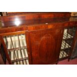 An Edwardian mahogany, satinwood and chequer strung ledgeback breakfront display cabinet, the