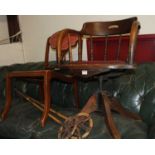 A 1920s oak stickback tub swivel desk chair; together with an Edwardian salon side chair (2)