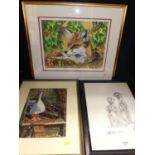 Sue Eaton - On guard, pastel, 35 x 26cm; together with a wildlife print entitled Autumn Fox; and two