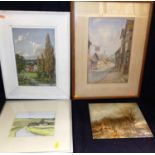 Assorted pictures and prints to include Kit Leese gouache, English school Boats off the coastline