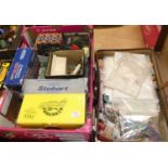 A box of Scalextric related accessories and mixed diecast collectors tins etc