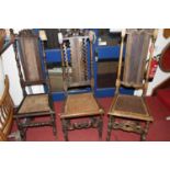 Three similar antique oak and cane back seat inset Carolean style dining chairs (some damage to cane