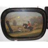 A lacquered, gilt decorated and painted Victorian papier-mache serving tray, depicting hunting scene