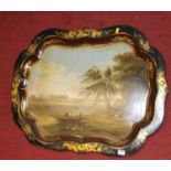 A Victorian papier-mache, polychrome painted and gilt decorated shaped serving tray (with losses