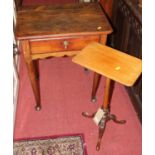 A circa 1800 provincial joined yew wood single drawer side table, on turned supports to pad feet,