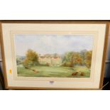 19th century English school - Cattle before a country house, watercolour, 27x46cm