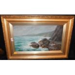 Alfred Harvey Moore (1843-1905) - Coastal scene with waves crashing on the rocks, oil on canvas,