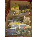 Two boxes containing a large quantity of mixed 00 gauge, Hornby 0 gauge and similar lineside