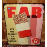 A contemporary laminate on metal advertising sign titled 'Fab - It's the coolest ice lolly around!',