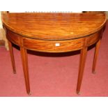 An early 19th century mahogany, satinwood crossbanded and further strung demi-lune fold-over tea