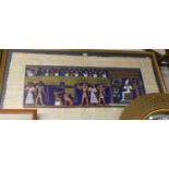 An Egyptian painted batik depicting figures and hieroglyphics, 58 x 120cm