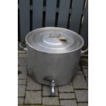 A brushed aluminium cylindrical twin handled water bowser and cover, dia.60cm