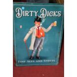 A contemporary printed laminate metal wall sign titled 'Dirty Dicks' Fine Ales & Stouts', 70 x 50cm