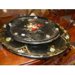 A Victorian black lacquered painted and gilt decorated papier-mache oval large serving tray, w.74.