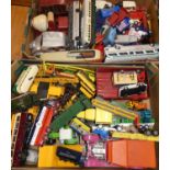 Two trays of mixed tinplate, plastic and diecast miniatures, to include Dinky Toys, Corgi Toys,