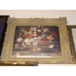 After the Dutch Old Masters - Still life with flowers in a basket, gilt-framed print, 56 x 76cm
