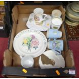 A box of commemorative china, to include a Poole Pottery Festival of Britain plate