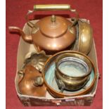 A collection of metalware to include a Victorian copper and brass range kettle