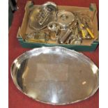 A silver plated oval gallery tray; together with various other metalware to include brass desk