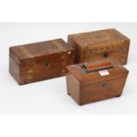 A Victorian walnut Tunbridge ware tea caddy, with hinged lid revealing two compartments, width 22cm,