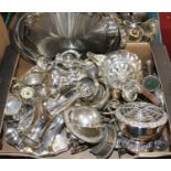 A box of miscellaneous metalware to include silver plated teapot, rose bowl, gallery tray etc