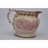 A large Victorian jug transfer printed with cockfighting scene titled "Battle between Birchen Pile