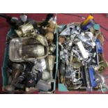 Two boxes of mixed metalware to include brassware and silver plated wares