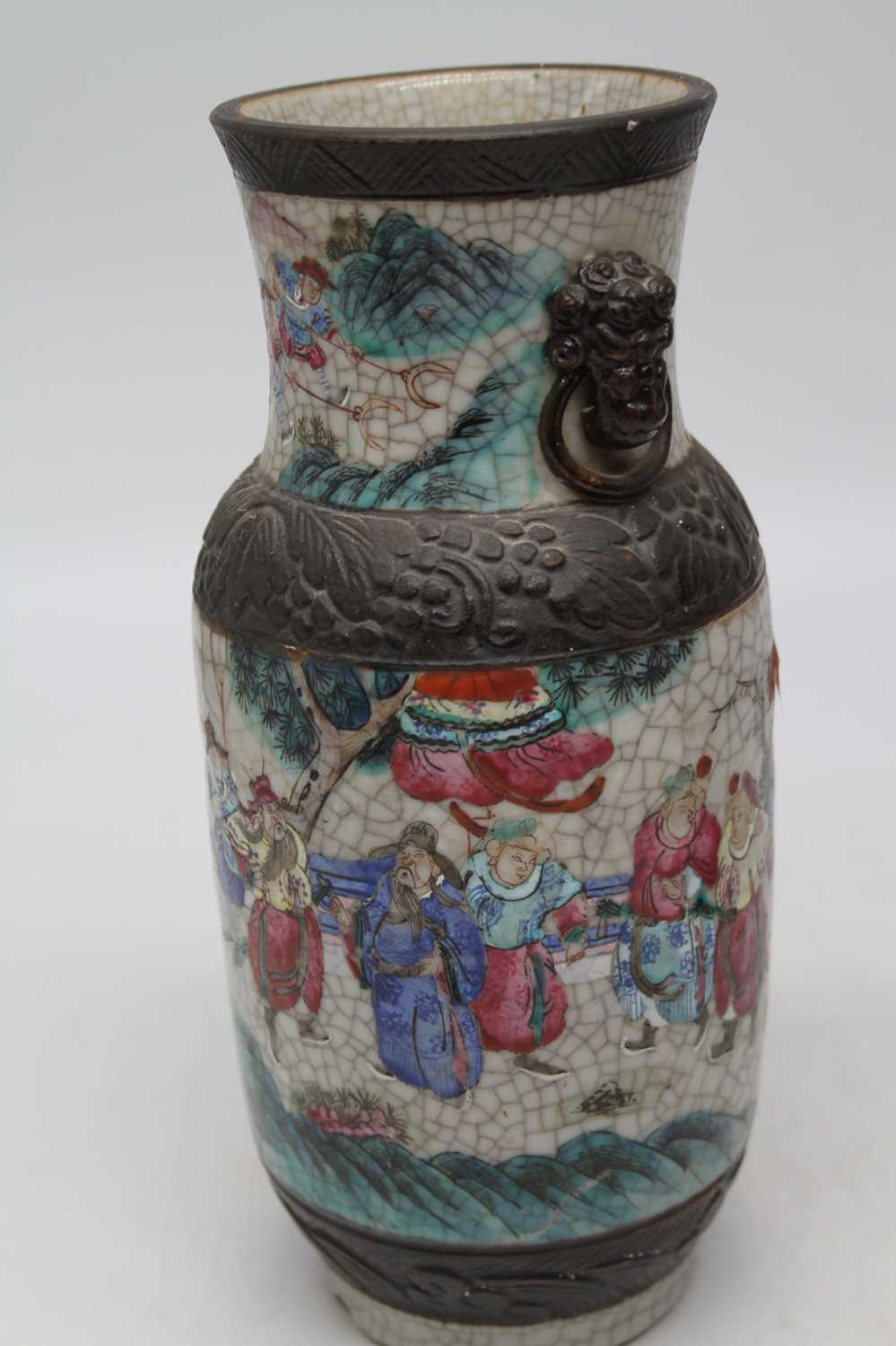 A Chinese Nanking vase, enamel decorated with figures, h.29cm; together with another smaller example - Image 6 of 6