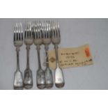 A set of five silver table forks in the fiddle pattern, maker Josiah Williams & Co., Exeter, 1876,