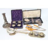 A small collection of miscellaneous metalware to include Old Sheffield Plate table candlestick,