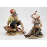 A Capo di Monte figure of a fisherman, h.24cm; together with one other of a cobbler (2)