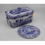 A Spode Italian pattern blue and white bread bin, w.40cm, together with a matching cake stand, dia.