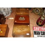 A Victorian Tunbridge inlaid walnut box, width 25cm, together with two further 19th century boxes