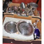 Two boxes of miscellaneous metalware to include a 19th century Old Sheffield Plate sugar basket with