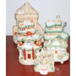 A collection of seven Staffordshire pastille burners, each of architectural form, the largest h.23cm