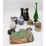 Miscellaneous items to include glassware, ceramics, a Chinese silk, and a pair of binocularsRe pot