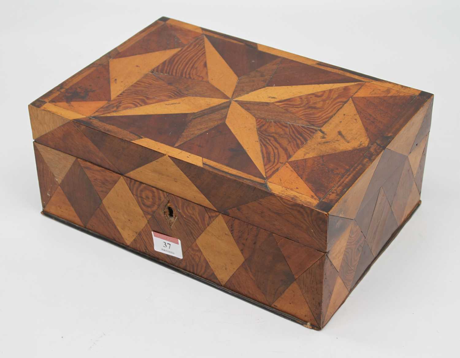 A 19th century specimen wood parquetry inlaid box, with hinged lid, w.30cm