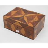 A 19th century specimen wood parquetry inlaid box, with hinged lid, w.30cm