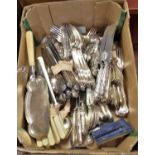 A box of miscellaneous loose flatware to include Kings pattern; together with an easel photograph