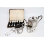 A small collection of miscellaneous items to include a silver plated three-piece tea set with floral